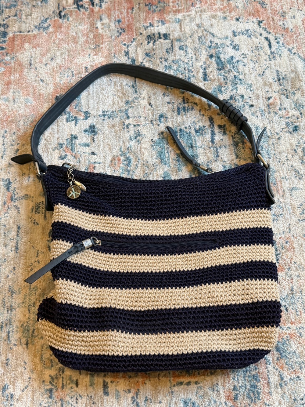 The Sak Navy and Cream Striped Crochet Shoulder Bag